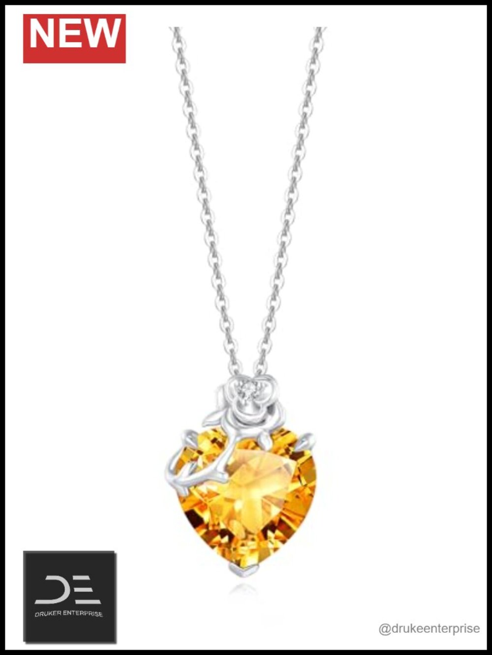 14K Solid White Gold Rose Birthstone Pendant Necklace w/ Sterling Silver Chain